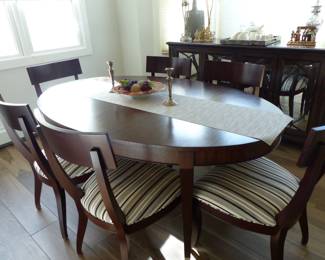 Ethan Allen dining table with 2 leaves & 6 chairs, mirrored doors buffet cabinet