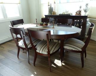 Ethan Allen dining table with 2 leaves & 6 chairs, mirrored doors buffet cabinet