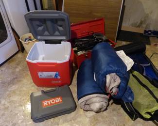 Cooler, sleeping bags, tools