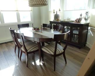 Ethan Allen dining table with 2 leaves & 6 chairs, mirrored doors buffet cabinet
