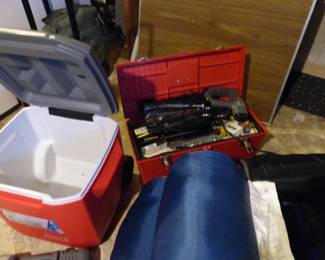 Cooler, sleeping bags, tools