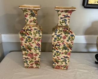 Pair of Asian bird amd floral vases