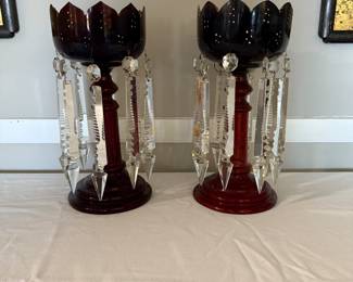Pair of antique lusters from the late 1800s. Glass with crystal prisms.