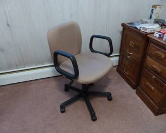 Office desk, file cabinet, desk chair