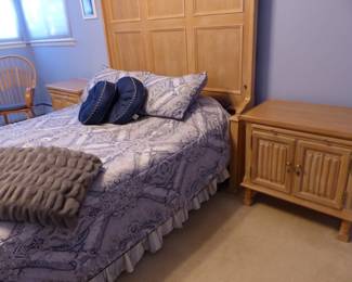 "Century Furniture Company" queen size bedroom set, lighted headboard/bed frame, pair of night tables, dresser/mirror & armoire, queen size mattress & boxspring