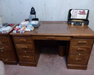 Office desk, file cabinet, desk chair