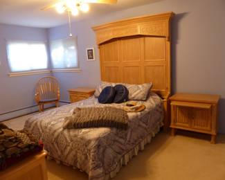 "Century Furniture Company" queen size bedroom set, lighted headboard/bed frame, pair of night tables, dresser/mirror & armoire, queen size mattress & boxspring