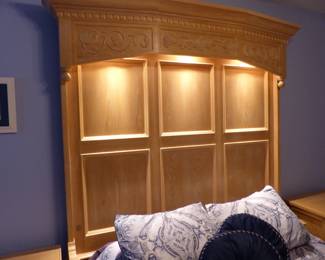 "Century Furniture Company" queen size bedroom set, lighted headboard/bed frame, pair of night tables, dresser/mirror & armoire, queen size mattress & boxspring