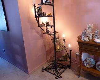 Vintage tall wrought iron display/plant staircase stand with lights