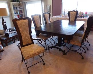 Vintage wood/wrought iron dining table with 6 wood/fabric/wrought iron chairs