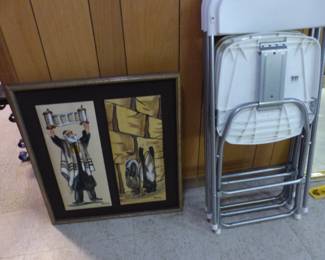 Vintage framed pictures, folding chairs