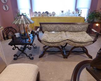 Vintage wood frame loveseat, vintage side table