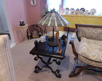 Vintage wood frame loveseat, vintage side table, Tiffany style lamp, bric-a-brac