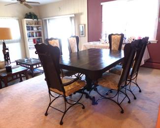 Vintage wood/wrought iron dining table with 6 wood/fabric/wrought iron chairs