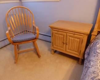 "Century Furniture Company" queen size bedroom set, lighted headboard/bed frame, pair of night tables, dresser/mirror & armoire, queen size mattress & boxspring, rocking chair