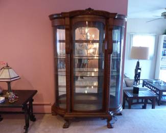 Antique oak curved glass curio cabinet