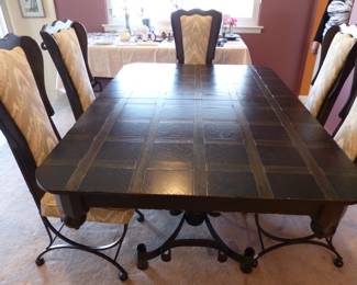 Vintage wood/wrought iron dining table with 6 wood/fabric/wrought iron chairs