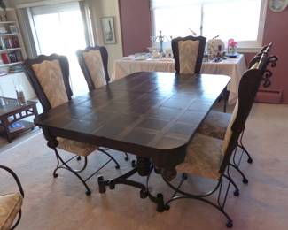 Vintage wood/wrought iron dining table with 6 wood/fabric/wrought iron chairs
