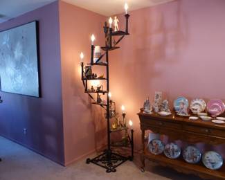 Vintage tall wrought iron display/plant staircase stand with lights
