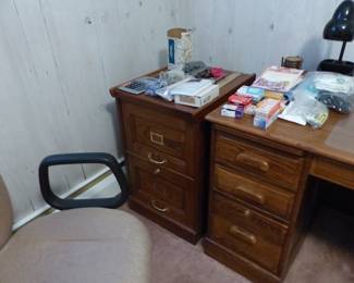 Office desk, file cabinet, desk chair
