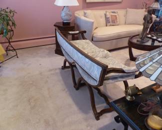 Vintage wood frame loveseat, vintage side table