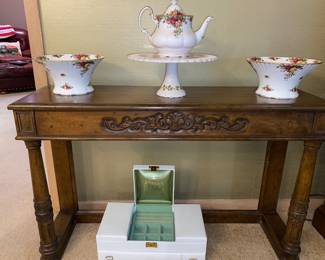 Petite  sofa table , jewelry box, Royal Albert china -Old Country Rose
