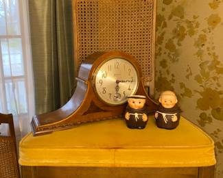 Electric mantle clock and Friar creamer and sugar