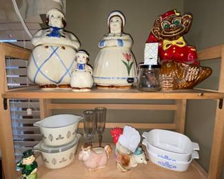 Vtg. Shawnee Dutch Boy and Girl cookie jars, Vtg. Pyrex and Corning ware- C. Miller Monkey bank