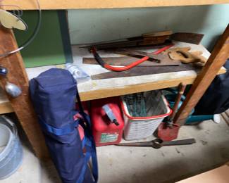 Tools, gas cans, folding chairs , saws 