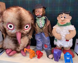 Vintage toys - Fred Flintstone, Emmet Kelly, and furry owl 