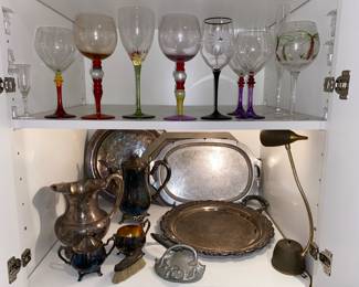 Silver plate items and decorative wine glasses