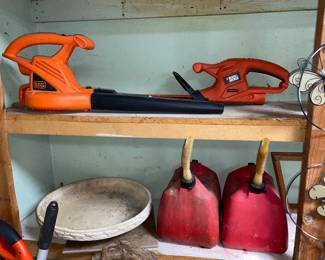 Hedge trimmer, leaf blower , gas cans , bird bath top