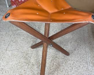 Folding 3 legged stool with leather seat