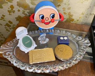 Vtg. Tray, boxes and compact