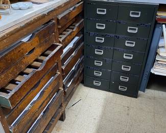 Side view of the wood drawer cabinet and metal multi drawer cabinet