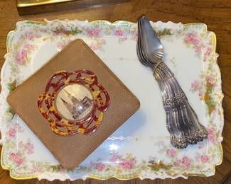 Vintage floral tray with souvnier box and decorative spoons