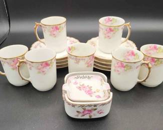 004 Antique Tea Set Limoges Tea Cups 7 Limoges Saucers 8 And Set Of 4 Lefton Tea Bag Plates