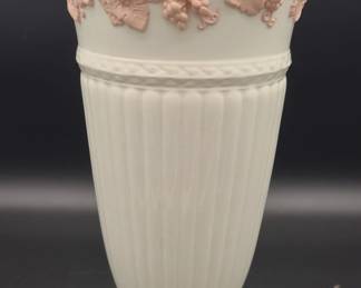 012 Wedgwood Queens Ware 11 Inch Vase Embossed Pink Grape Vine Porcelain