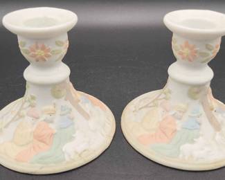 Lefton Hand Painted Nativity Scene Candle Stick Holders