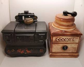 McCoy Vintage Cookie Jars Set of 2  Old Fashioned Black Stove and Coffee Grinder 