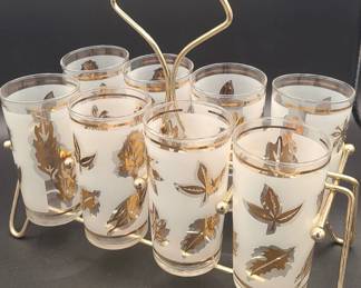 010 Midcentury Libby Gold Leaf Frosted Glasses  Set Of 8 With Caddy