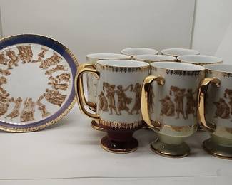 Mid Century Royal Crown Cake Plate And 8 Royal Crown Greek Classic Mugs
