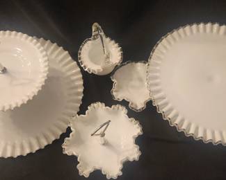 Fenton Milk Glass Lot Of 5 Pieces, Including Tiered Dessert Stand, Cake Stand, Basket, Bowl And S