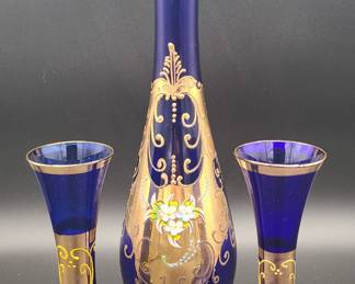 Vintage Colbalt Blue Vases Hand Blown and Painted in Japan