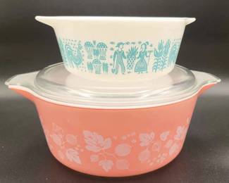 Vintage Pyrex Gooseberry Casserole With Lid And Small Amish Butter Dish