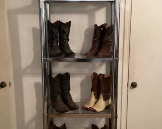 Chrome and glass Milo Baughman style etageres display shelf. Has matching end table. Vintage boots