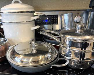Assorted pots + pans, including Calphalon + Farberware