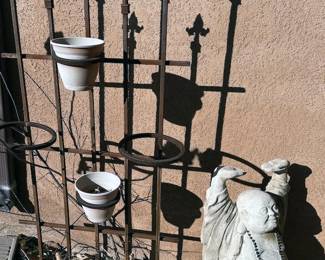 Iron garden pot display stand + happy Buddha statue