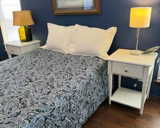 Double mattress with frame, bed linens, nightstands