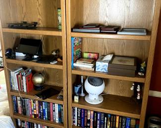 bookshelves, books, ipads, etc